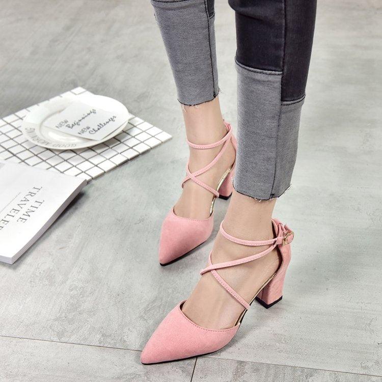 Korean Fashion Pointed Toe Buckle Strap High Heel Sandals - Amazitshop