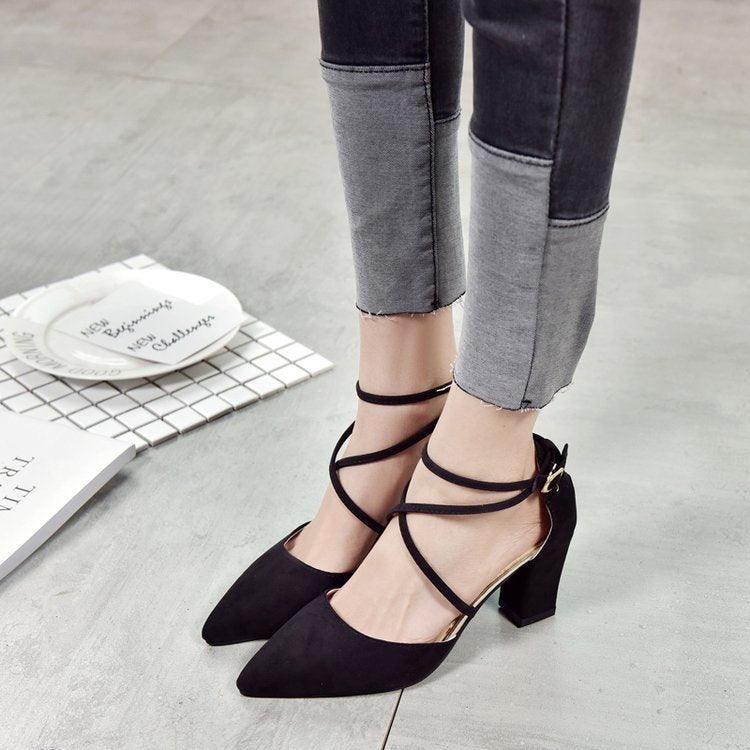 Korean Fashion Pointed Toe Buckle Strap High Heel Sandals - Amazitshop