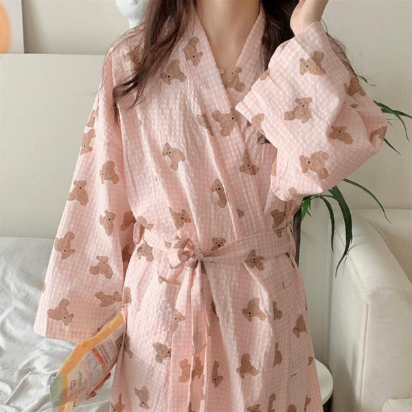 Korean Ins Women's Bear Plaid Nightgown Cotton Cloth - Amazitshop