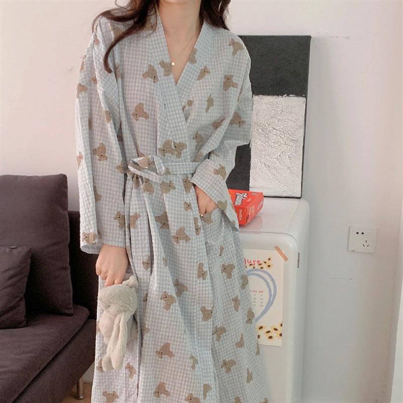 Korean Ins Women's Bear Plaid Nightgown Cotton Cloth - Amazitshop