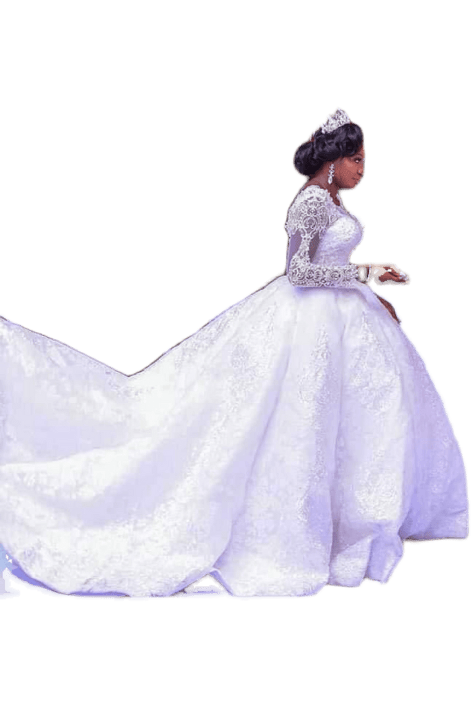 Lace African Wedding Dress Long Sleeves Round Neck Big Tail Tutu Skirt - Amazitshop