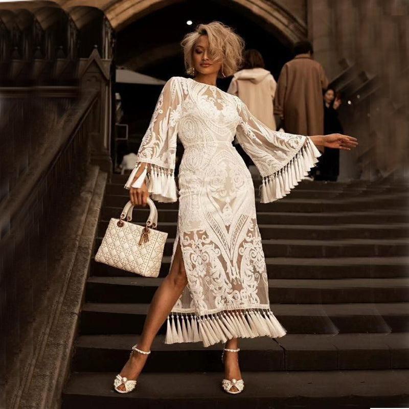 Lace embroidered tassel dresses - Amazitshop