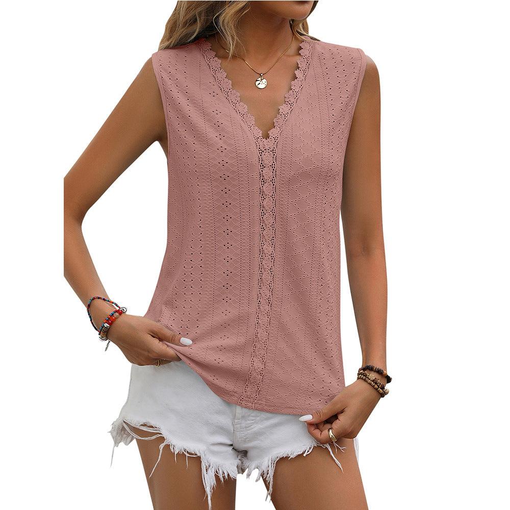Lace Tops Women V - neck Sleeveless Hollow Out Vest Summer Tank - Amazitshop