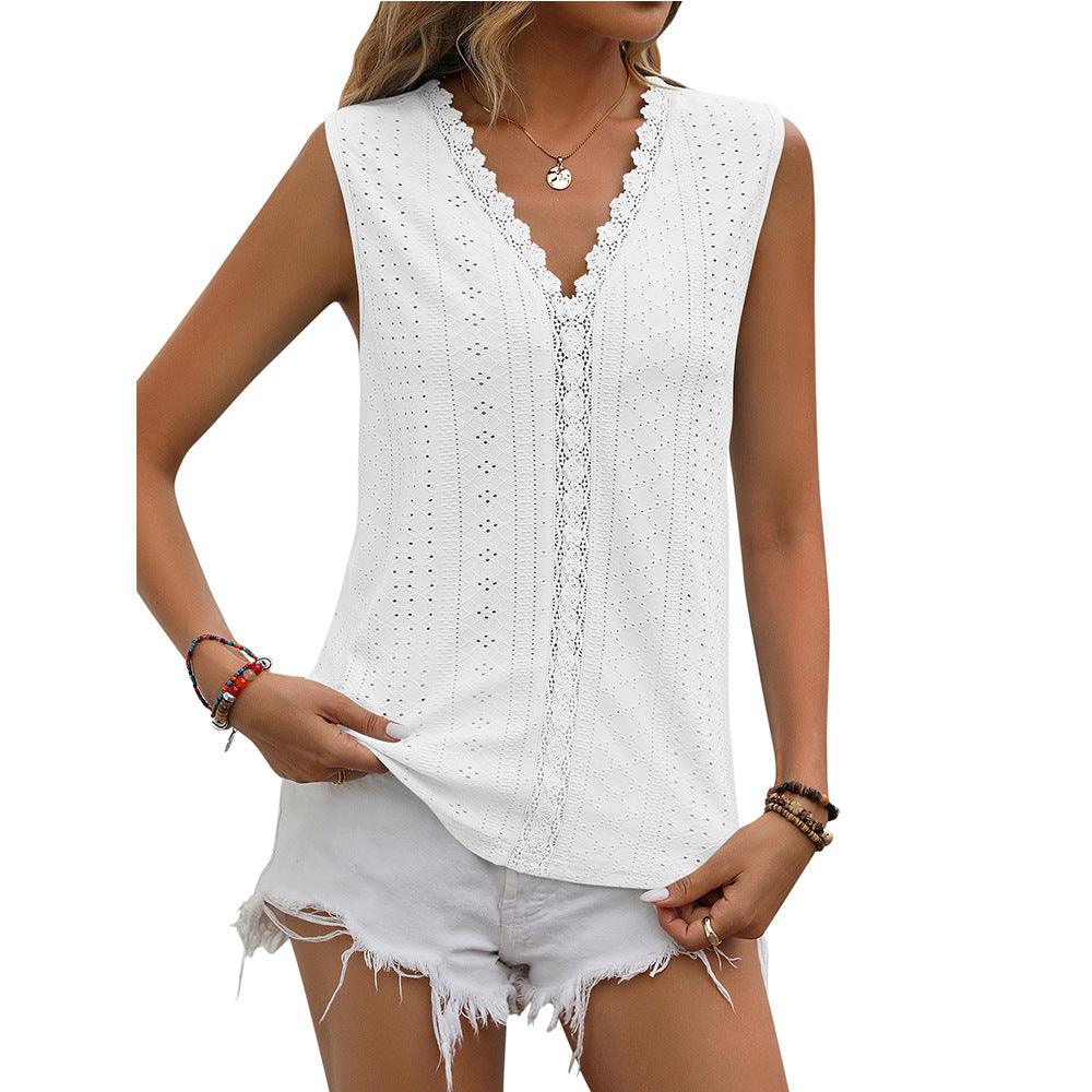Lace Tops Women V - neck Sleeveless Hollow Out Vest Summer Tank - Amazitshop
