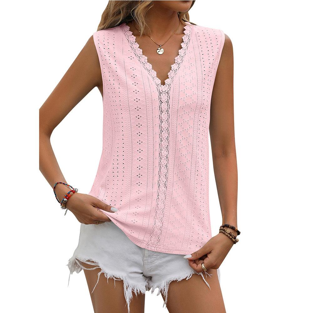 Lace Tops Women V - neck Sleeveless Hollow Out Vest Summer Tank - Amazitshop