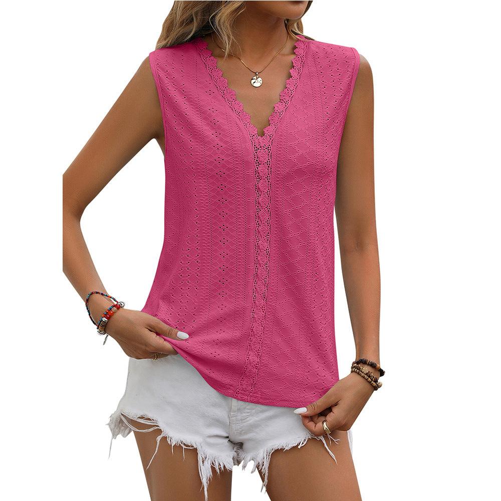 Lace Tops Women V - neck Sleeveless Hollow Out Vest Summer Tank - Amazitshop