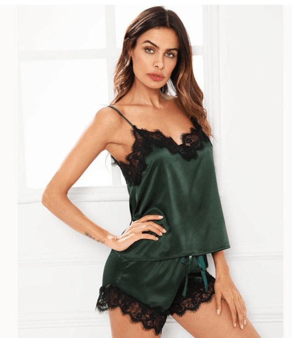 Lace Trim Satin Sleeveless Sleepwear - Amazitshop