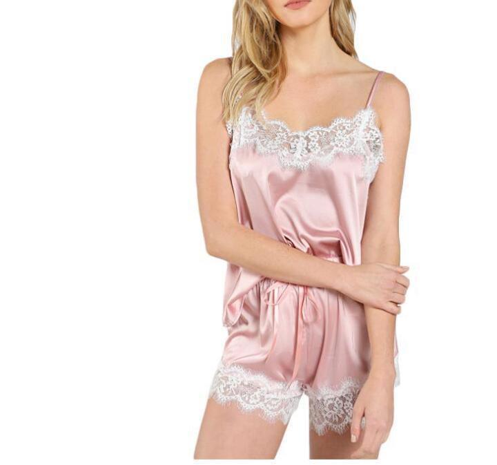 Lace Trim Satin Sleeveless Sleepwear - Amazitshop