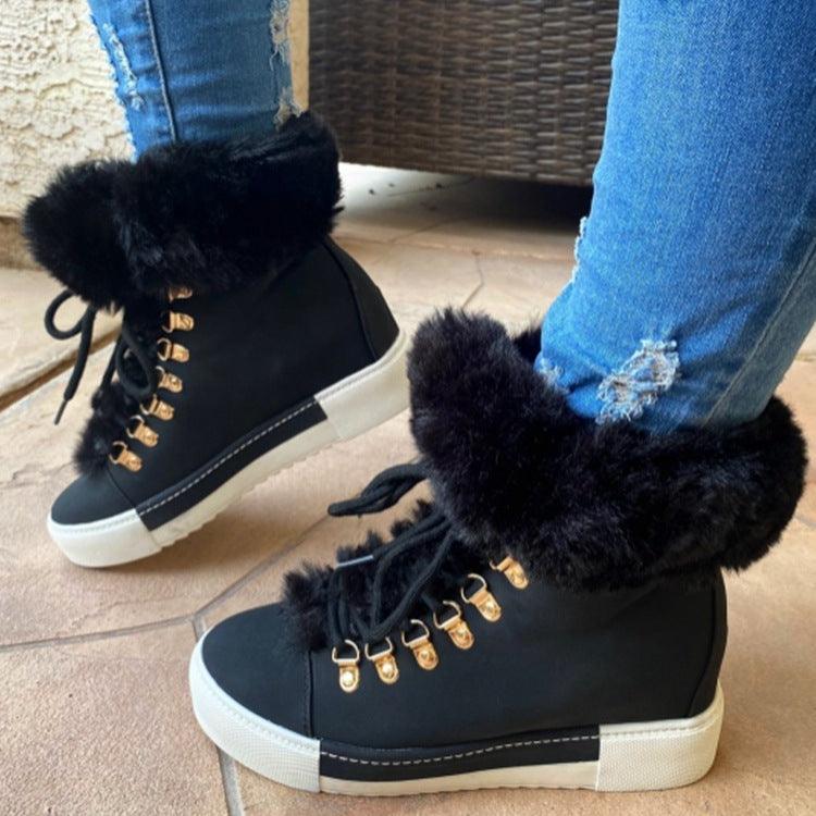 Lace - up Boots Cute Thick Sole Heighten Non Slip Snow Shoes Fall Winter Keep Warm Plush Lined Furry Ankle Boots Outdoor Walking Flat Shoes - Amazitshop