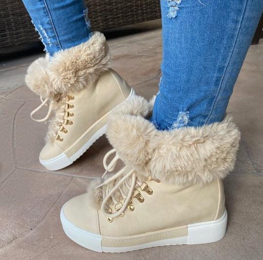 Lace - up Boots Cute Thick Sole Heighten Non Slip Snow Shoes Fall Winter Keep Warm Plush Lined Furry Ankle Boots Outdoor Walking Flat Shoes - Amazitshop