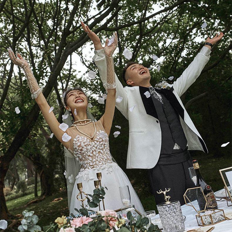 Lace V - neck Summer Couple Photo Shoot Travel Wedding Dress - Amazitshop