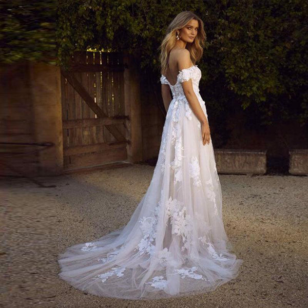 Lace Wedding Dresses Off The Shoulder Appliques A - Line Bride Dress Princess Wedding Gown Bridal Dress - Amazitshop