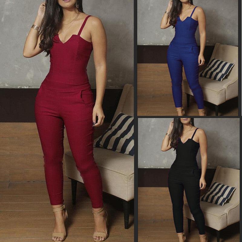Ladies Summer Solid Color Skinny Jumpsuit High Stretch Suspender Jumpsuit - Amazitshop