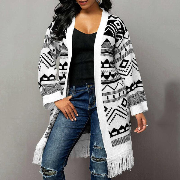 Ladies Tassel Hem Jacquard Cardigan Sweater - Amazitshop