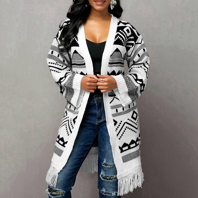 Ladies Tassel Hem Jacquard Cardigan Sweater - Amazitshop