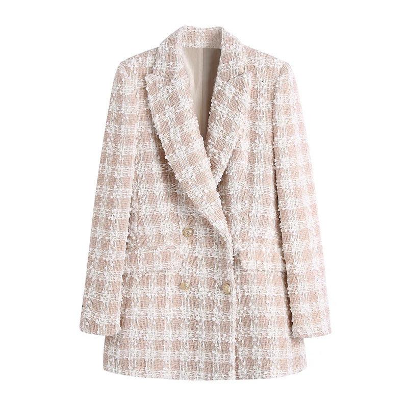 Lapel Long Sleeved Double Breasted Check Blazer Women - Amazitshop
