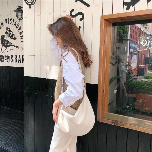 Large Capacity Shoulder Bag Simple Zipper Semicircle Shape Cloth Purses Ladies Cotton Crossbody Bags - Amazitshop