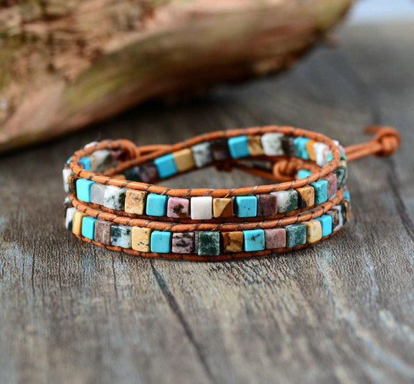 Leather Bracelets High End Mix Natural Stones 2 Strands Wrap Bracelets Vintage Weaving Bead Bracelet - Amazitshop