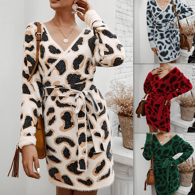 Leopard print dresses with long sleeves - Amazitshop
