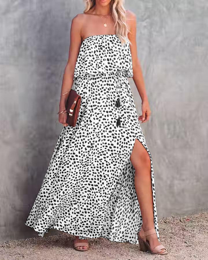 Leopard Print Floral - print Off - shoulder Ruffled Slit Dress - Amazitshop