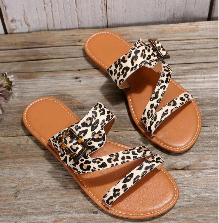 Leopard Print Slippers Summer Flat Sandals For Women Beach Shoes - Amazitshop