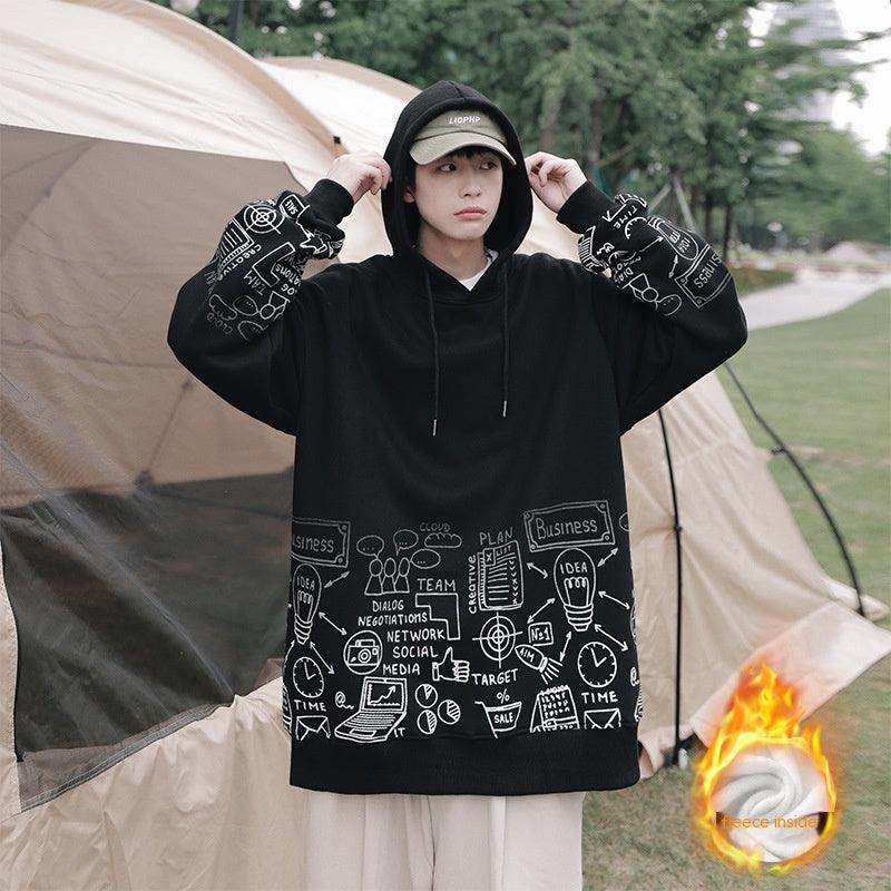 Letter Print Hooded Velvet Padded Thickened Sweater - Amazitshop