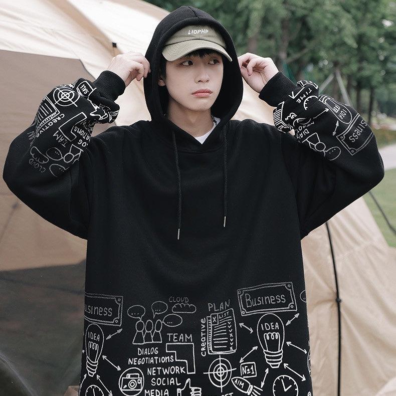 Letter Print Hooded Velvet Padded Thickened Sweater - Amazitshop