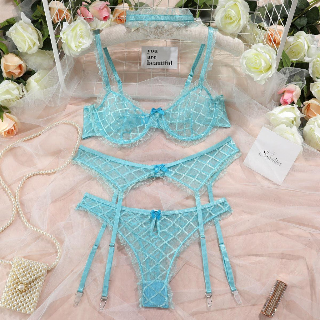 Lingerie Large Grid Sexy Gather Belt Bib Embroidery Hollowed Out Suit Women - Amazitshop