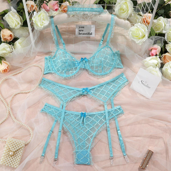 Lingerie Large Grid Sexy Gather Belt Bib Embroidery Hollowed Out Suit Women - Amazitshop