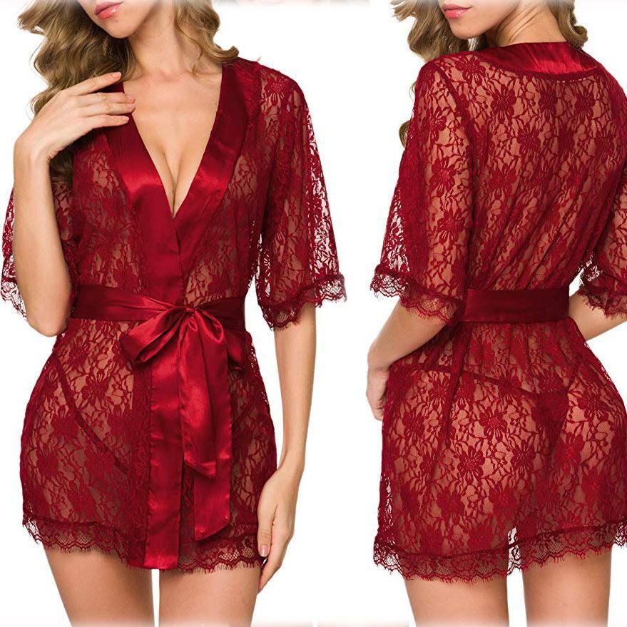 Lingerie Women Lace Hollow - out Robe Suits Pajamas - Amazitshop