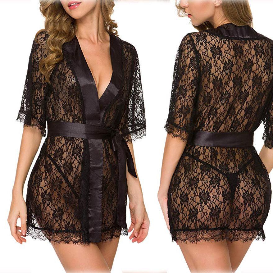 Lingerie Women Lace Hollow - out Robe Suits Pajamas - Amazitshop