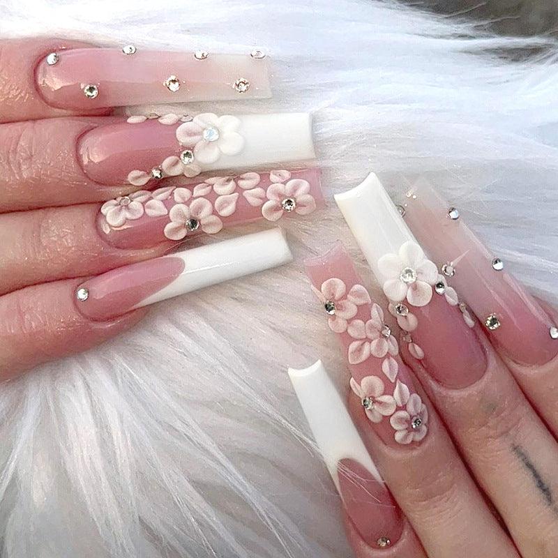 Long Ballet Diamond Long French Fake Nails - Amazitshop