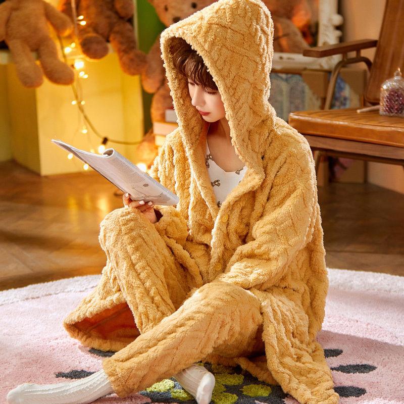 Long Flannel Robe Bathrobe Loungewear Set - Amazitshop