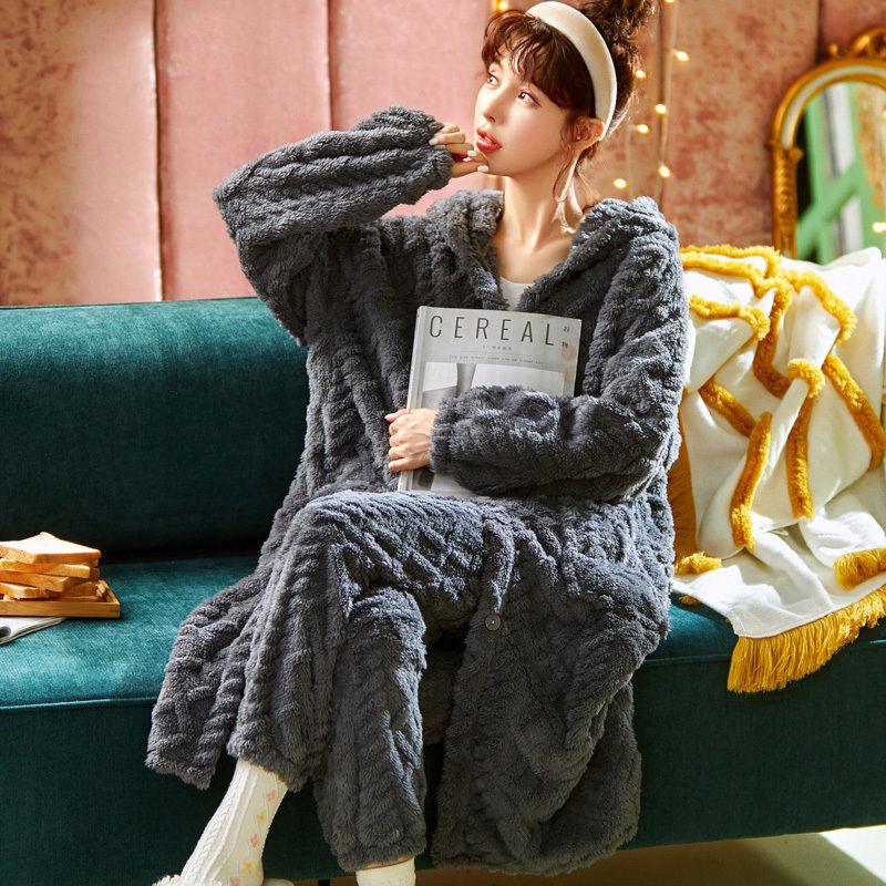 Long Flannel Robe Bathrobe Loungewear Set - Amazitshop