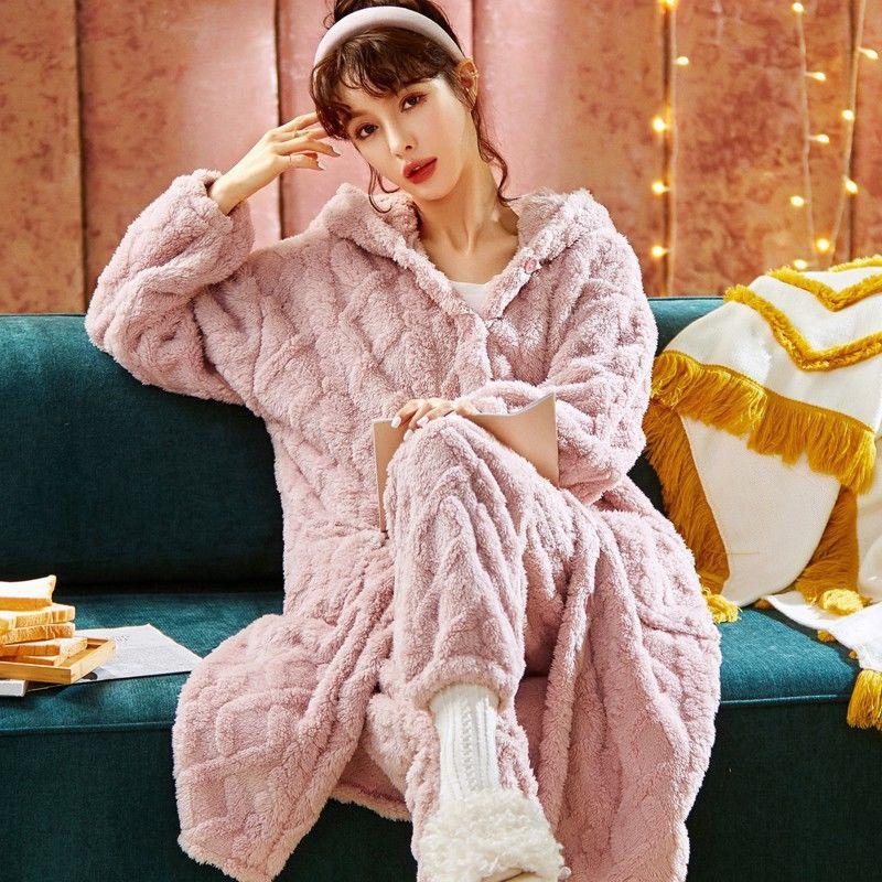 Long Flannel Robe Bathrobe Loungewear Set - Amazitshop