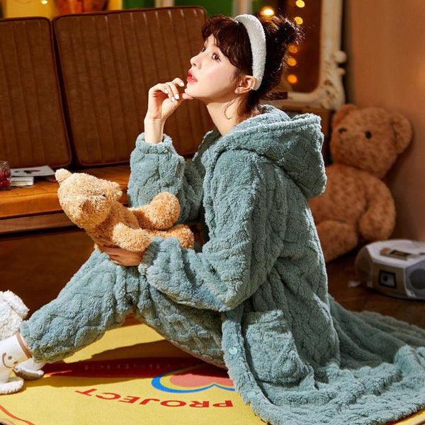 Long Flannel Robe Bathrobe Loungewear Set - Amazitshop