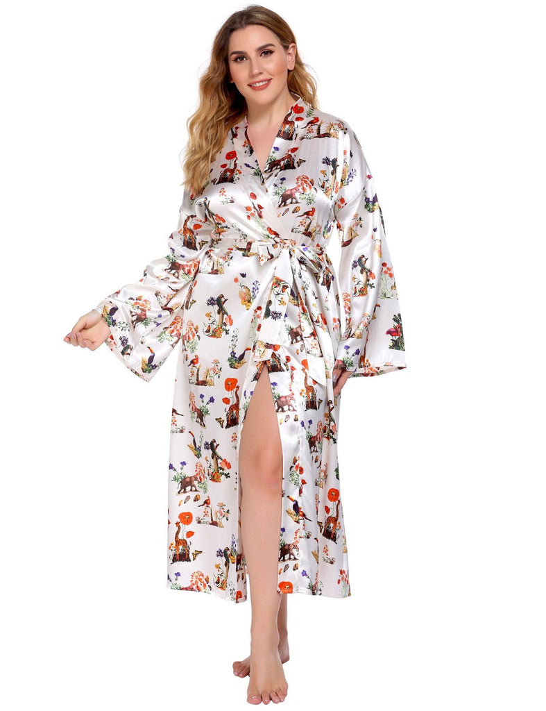 Long Robes For Women Flower Print Bathrobe V - neck Silk Sleepwear - Amazitshop