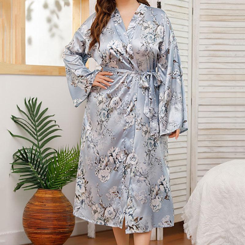 Long Robes For Women Flower Print Bathrobe V - neck Silk Sleepwear - Amazitshop
