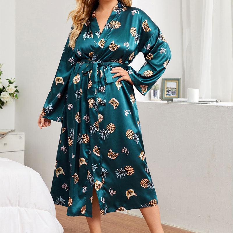 Long Robes For Women Flower Print Bathrobe V - neck Silk Sleepwear - Amazitshop