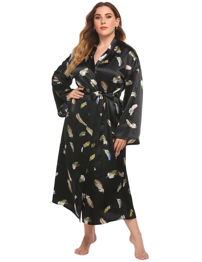Long Robes For Women Flower Print Bathrobe V - neck Silk Sleepwear - Amazitshop