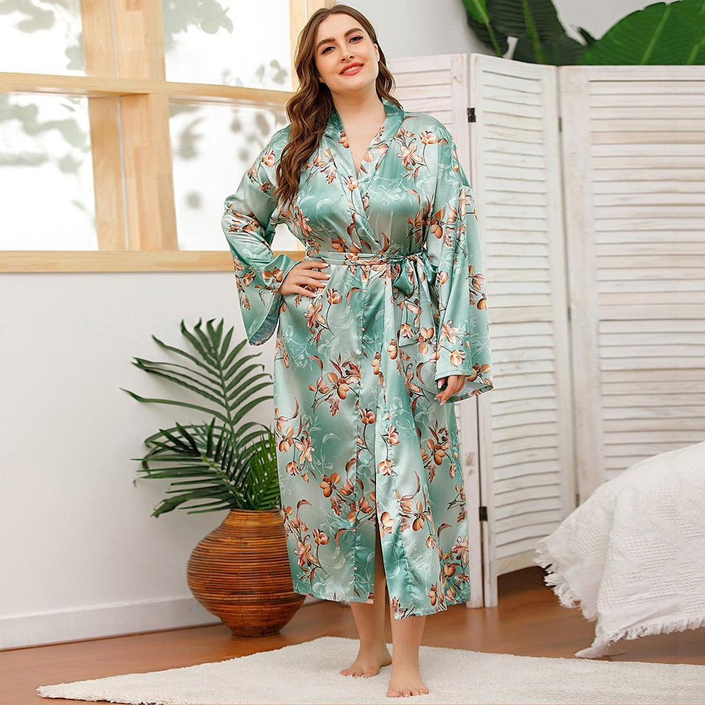 Long Robes For Women Flower Print Bathrobe V - neck Silk Sleepwear - Amazitshop