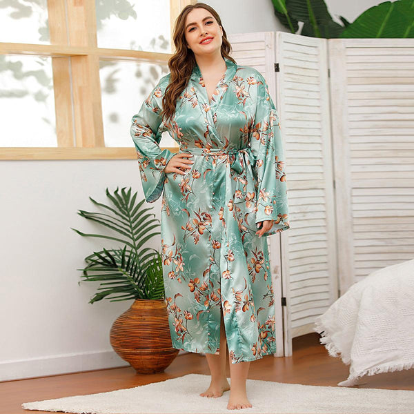 Long Robes For Women Flower Print Bathrobe V - neck Silk Sleepwear - Amazitshop