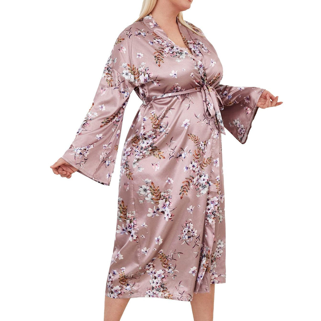 Long Robes For Women Flower Print Bathrobe V - neck Silk Sleepwear - Amazitshop