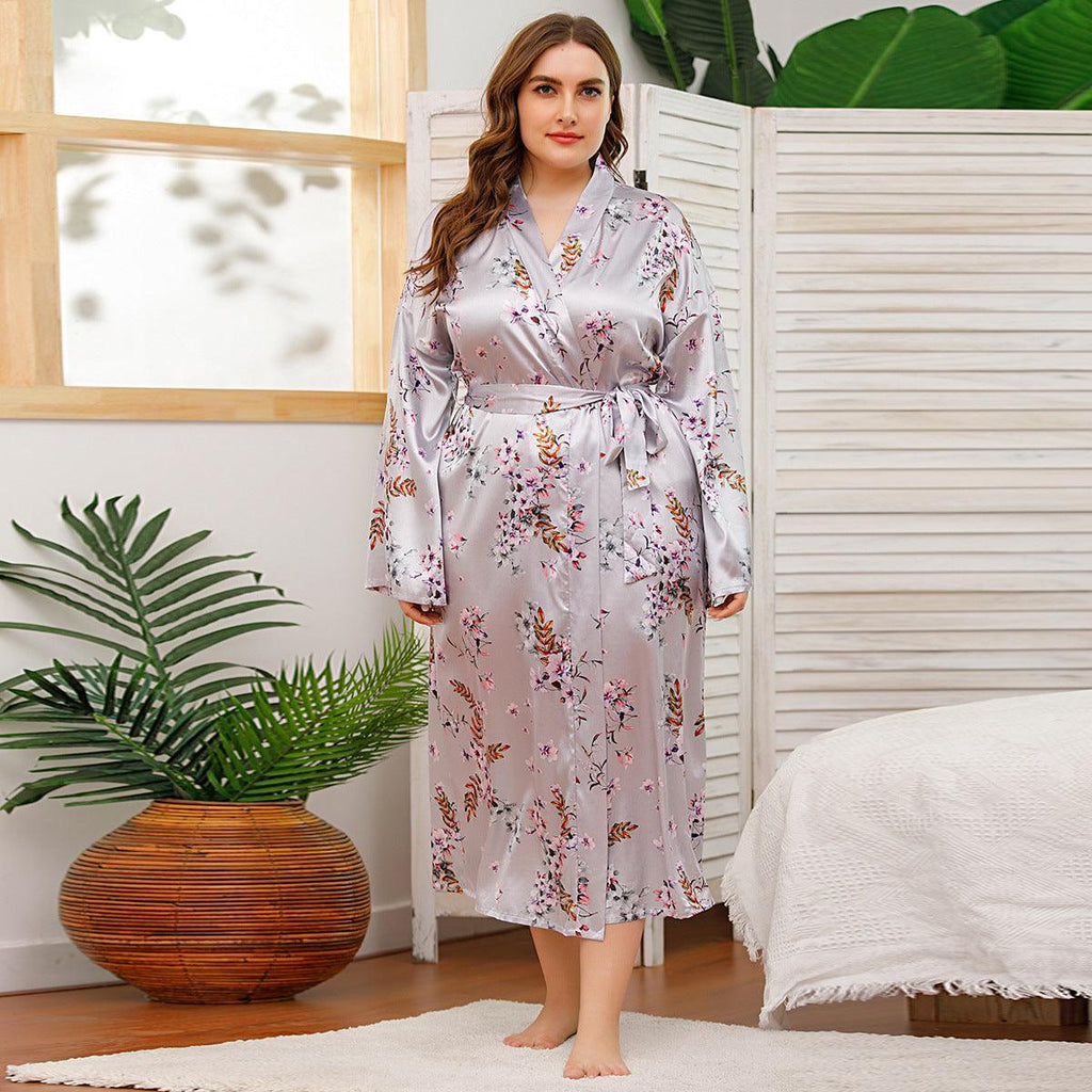 Long Robes For Women Flower Print Bathrobe V - neck Silk Sleepwear - Amazitshop