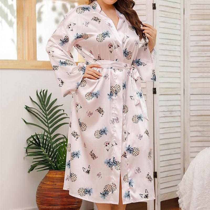 Long Robes For Women Flower Print Bathrobe V - neck Silk Sleepwear - Amazitshop