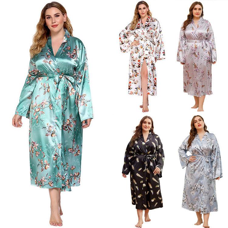 Long Robes For Women Flower Print Bathrobe V - neck Silk Sleepwear - Amazitshop