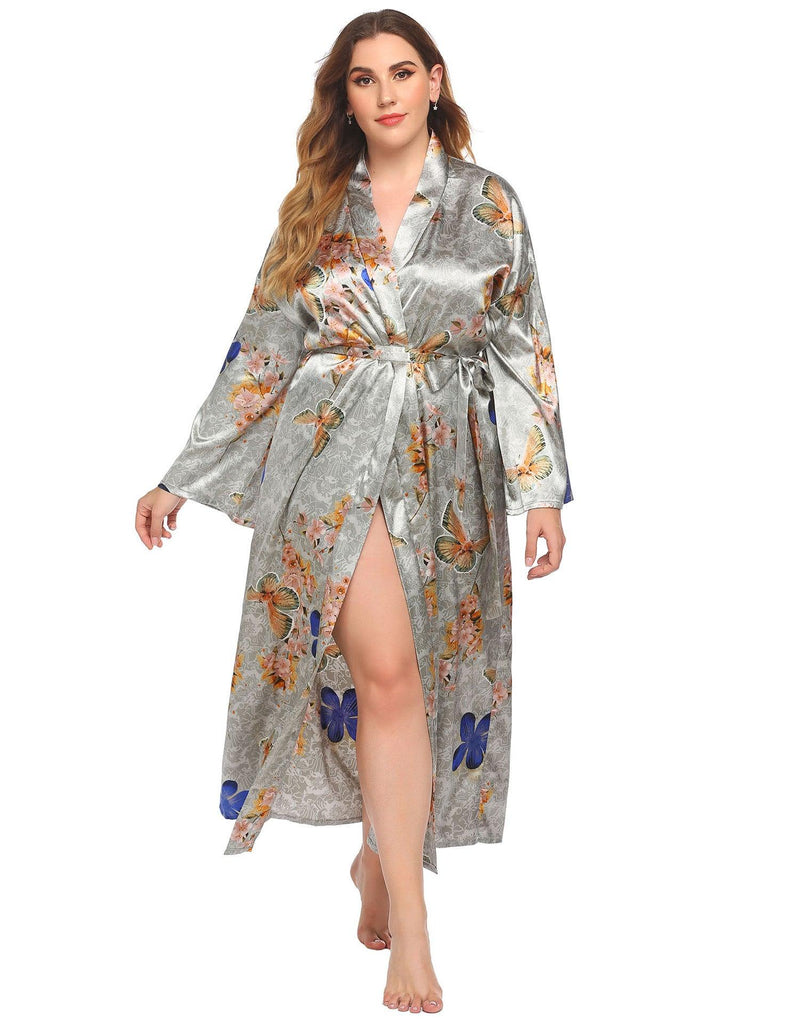 Long Robes For Women Flower Print Bathrobe V - neck Silk Sleepwear - Amazitshop