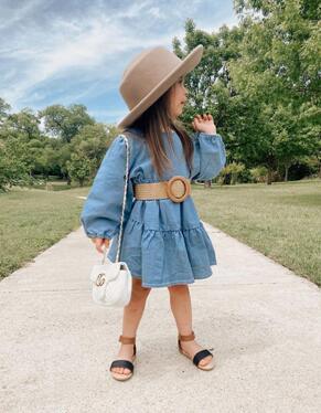 Long Sleeve Denim Princess Dress With Belt - Amazitshop