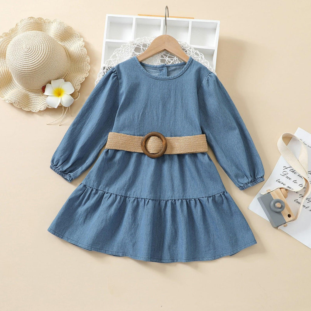 Long Sleeve Denim Princess Dress With Belt - Amazitshop