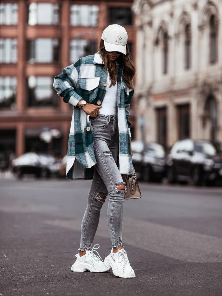 Long Sleeve Plaid Print Shirt Woolen Coat - Amazitshop